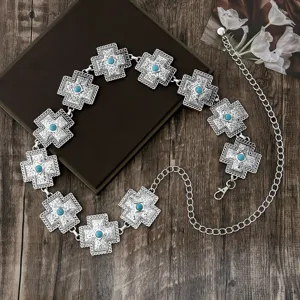 Boheemse Retro Turkoois Kruis Verstelbare Metalen Tailleketting Voor Vrouwen Gotische Etnische Stijl Lichaamssieraden Riem Zilver