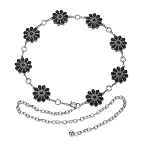 Vue détaillée de la chaîne de taille en métal rétro à fleurs noires et maillons argentés.