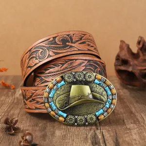 Ceinture cuir cowboy western vintage boucle métal perles turquoise, accessoire rustique