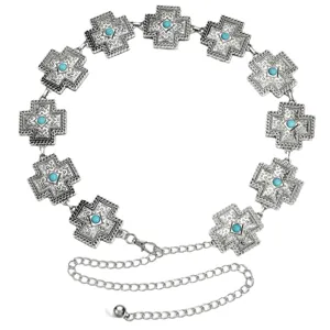 Boheemse turkoois retro verstelbare metalen tailleketting, zilveren kruis sieraden.