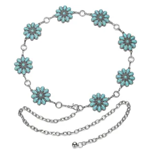 Détail de chaîne de taille en métal tournesol turquoise, bijoux de corps de mode.