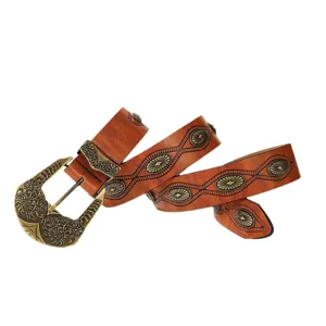 Vintage brown women's PU leather belt with ornate carved metal buckle and metal studs.