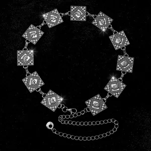 Cadena de Cintura Cuadrada de Aleación de Strass Bohemio Cadena de Cinturón Galvanizado Con Cabeza de Caballo Tallado Joyas para el Cuerpo de Mujer