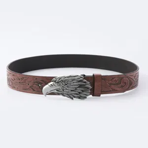 Ceinture en cuir PU style western vintage avec boucle d'aigle en métal, vue rapprochée.