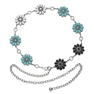 Détail de chaîne de taille en métal tournesol turquoise, ceinture style ethnique pour femmes.