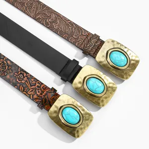 Ensemble de ceintures en cuir style rétro avec boucle en métal pierre turquoise.