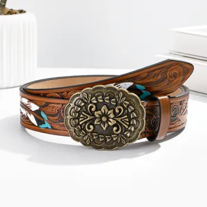 Cinturón Vintage Western de Cuero PU para Mujer Relieve Pluma Flor Hebilla de Placa de Aleación Grabada