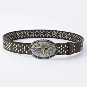Ceinture en cuir PU style western vintage avec boucle de taureau pour hommes femmes.