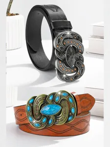 Ceinture en cuir PU style ethnique rétro avec élégante boucle en alliage sculpté.