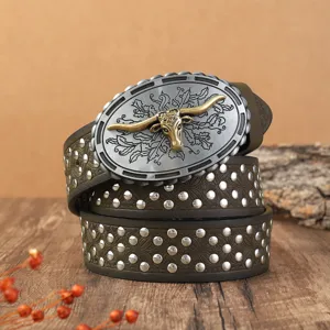Ceinture en cuir PU style western rétro avec boucle tête de taureau en métal et rivets.