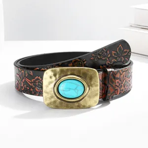 Ceinture en Cuir PU Rétro Vintage Avec Boucle en Alliage Turquoise pour Hommes Femmes Décontracté Motif Rose Gaufré