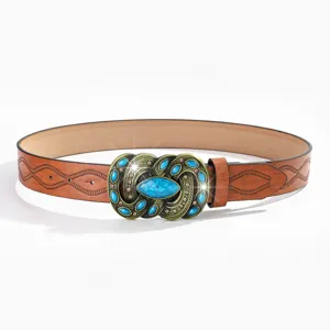 Ceinture femme marron en cuir PU style vintage boucle alliage pierre turquoise style ethnique