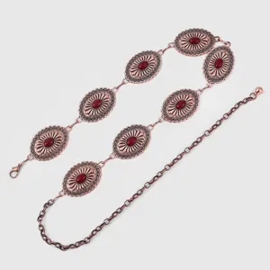 Chaîne de taille bohème rétro en métal pour femme, ceinture vintage en cuivre pierres rouges.
