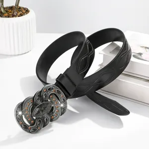 Rétro Vintage PU Cuir Ceinture Ethnique Alliage Boucle Casual Femme Taille Noir