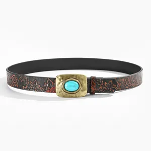 Ceinture en cuir fleuri gaufré vintage avec boucle turquoise pour femmes mode quotidienne