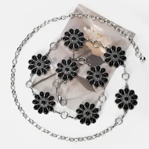 Ceinture chaîne en métal argenté fleur de tournesol pierres noires bijoux de taille mode