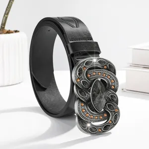 Ceinture en cuir PU noir vintage avec boucle strass en alliage ornée pour femmes.