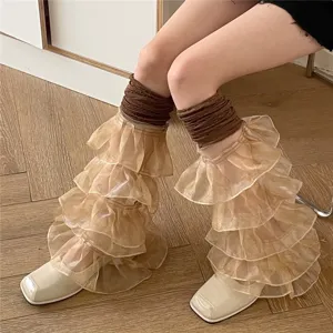 Y2K Mode Rüschen Beinlinge braun gestrickt geschichtete transparente Organza Socken für Frauen