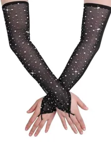 Black mesh rhinestone long gloves fingerless sparkly party performance sexy sleeves