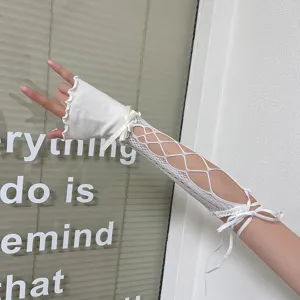 White lace-up hollow-out arm sleeves Y2K retro gothic lolita style shading gloves detail.