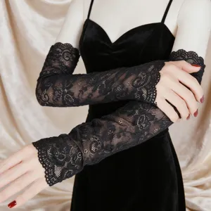 Damen Spitzen Lange Armstulpen Sonnenschutz UV-Schutz Blumenkante JK Stil Atmungsaktive Netz Fingerlose Handschuhe Fahren