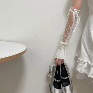 White lace-up arm sleeves Y2K subculture mesh gloves gothic lolita wrist warmer aesthetic