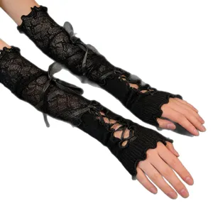Black lace arm sleeves Y2K ribbon sun protection gloves Lolita gothic summer arm covers
