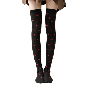 Schwarze Overknee Strümpfe mit roten Herzen süße Lolita JK Stil lange Socken für Damen