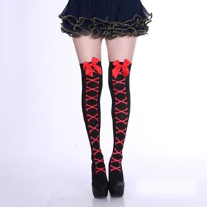 Halloween Overknee Strümpfe in Schwarz mit rotem Knochenmuster und Schleife für JK Stil.