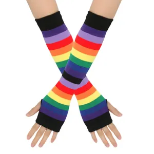 Bunte Regenbogen Strick Armlinge fingerlose Handschuhe fuer Partys und bunte Festivals.