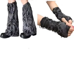 Distressed gray knitted leg warmers and fingerless gloves set, edgy Y2K grunge detail shot.