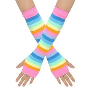 Bunte Regenbogen Strick Armstulpen gestreifte fingerlose Handschuhe fuer Events.