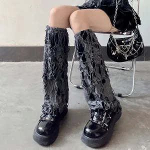 Halloween Gothic Punk Ripped Leg Warmers Women Dark Distressed Knitted Mesh Pile Socks Party COS Leg Covers Black
