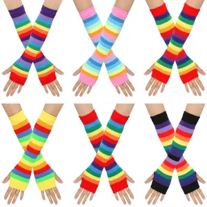Regenbogen Gestreifte Gestrickte Fingerlose Handschuhe Armstulpen Bunte Ärmel Für Damen Pride Festival Party Kostüm Zubehör