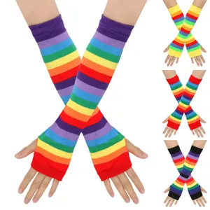 Bunte Regenbogen gestreifte Strick Armstulpen ohne Finger fur Party Festival Details.