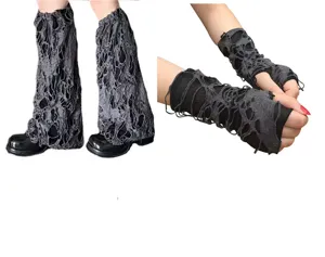 Distressed leg warmers and fingerless gloves set, gothic grunge Y2K spooky costume accessory.