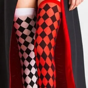 Halloween Harlequin Oberschenkelhohe Strümpfe mit rot schwarzem Rautenmuster Cosplay.