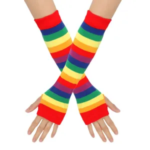 Bunte gestreifte Strick Handschuhe Armstulpen Regenbogen Party Karneval Festival Zubehoer