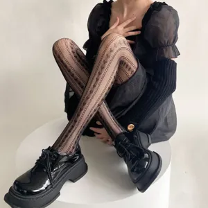 Damen Herz Muster Gestreifte Netzstrumpfhose Spitze Strumpfhose JK Stil Schlankheits-Pantyhose Für Den Alltag Hohl Aus Polyester Leggings