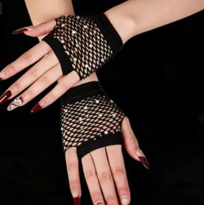 Kurze Strass Netz Handschuhe Damen sexy halbe Finger Mesh Party Handschuhe glitzern