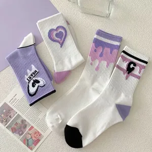 Lila Farbverlauf Herz Mittelsocken JK Mode süße Studenten Freizeit Baumwollsocken 4 Paar