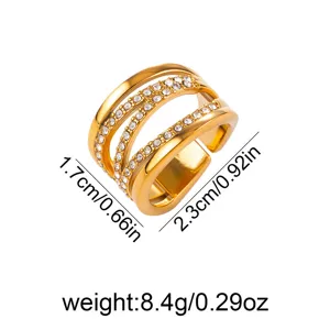 Bague élégante large multicouche en acier inoxydable doré avec zirconiums brillants.