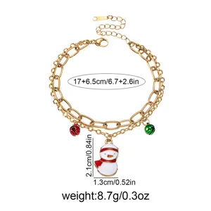 Bracciale natalizio a doppia catena in acciaio inossidabile con pupazzo di neve e campanelli.