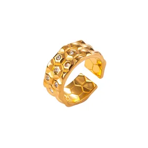 Bague matelassée en acier inoxydable avec zircons étincelants, large anneau ouvert doré bijou.