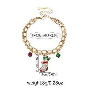 Bracciale natalizio in acciaio inossidabile a doppio strato con campanelli e calza per donna.