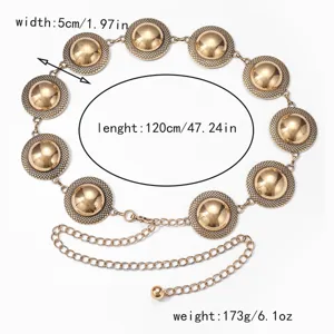 Cinturón de cadena de metal dorado para mujer, accesorio de cintura vintage con discos texturizados.