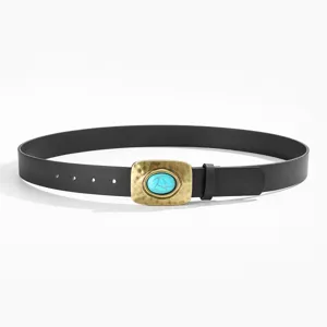 Ceinture en cuir noir rétro avec boucle turquoise élégante et mode pour femme et homme