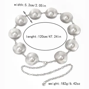 Zilveren metalen tailleketting met ronde parelhangers, verstelbare stijlvolle riem voor jurk.