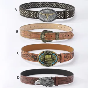 Ceinture Western Bohème Vintage pour Hommes Femmes en Cuir PU Gaufré avec Boucle Métallique Taureau Aigle Accessoire Style Cowboy
