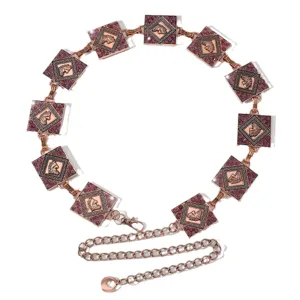 Cinturón de cadena para mujer estilo bohemio cuadrado con diamantes cabeza de caballo.